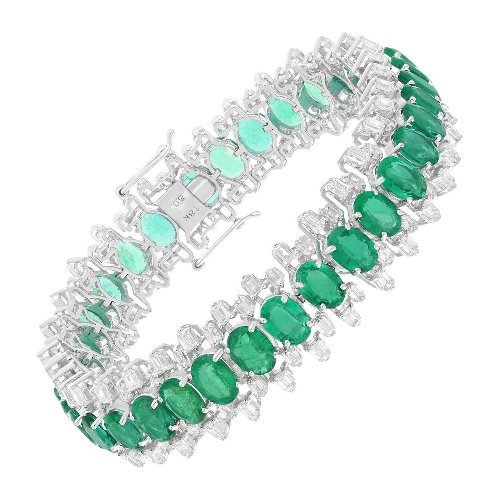 21.42 Carat Emerald 8.97 Carat SI/H Diamond Wide Bracelet 18 Karat White Gold