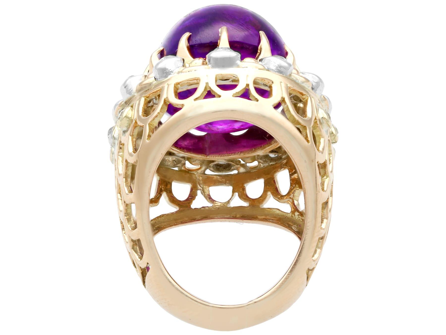 Women's or Men's 21.43 Carat Cabochon Cut Amethyst and 1.07 Carat Diamond Yellow Gold Ring For Sale