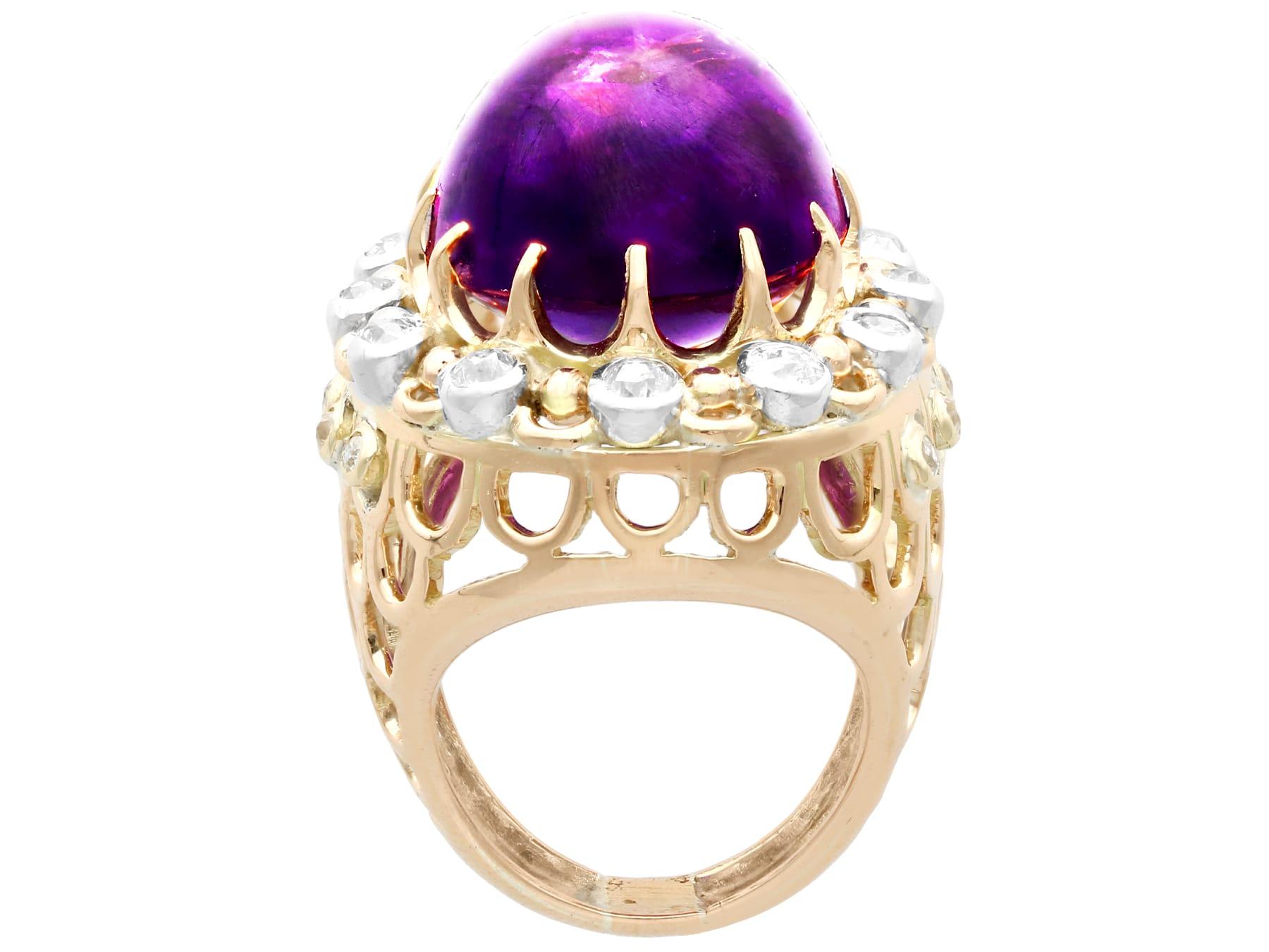 21.43 Carat Cabochon Cut Amethyst and 1.07 Carat Diamond Yellow Gold Ring For Sale 1