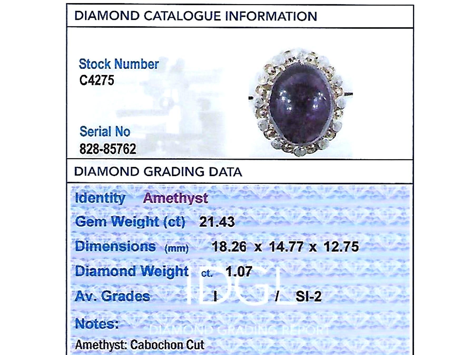 21.43 Carat Cabochon Cut Amethyst and 1.07 Carat Diamond Yellow Gold Ring For Sale 2