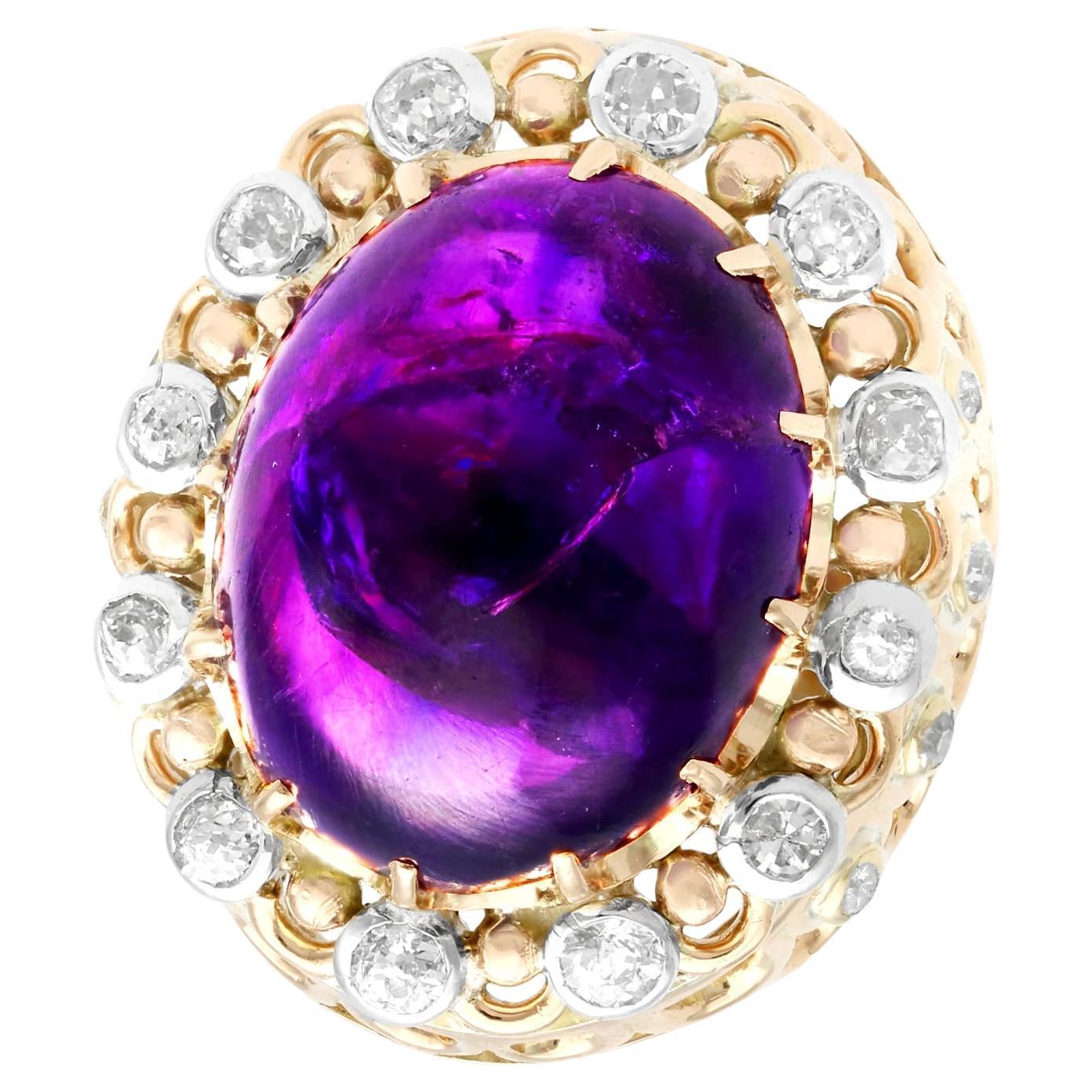 21.43 Carat Cabochon Cut Amethyst and 1.07 Carat Diamond Yellow Gold Ring For Sale