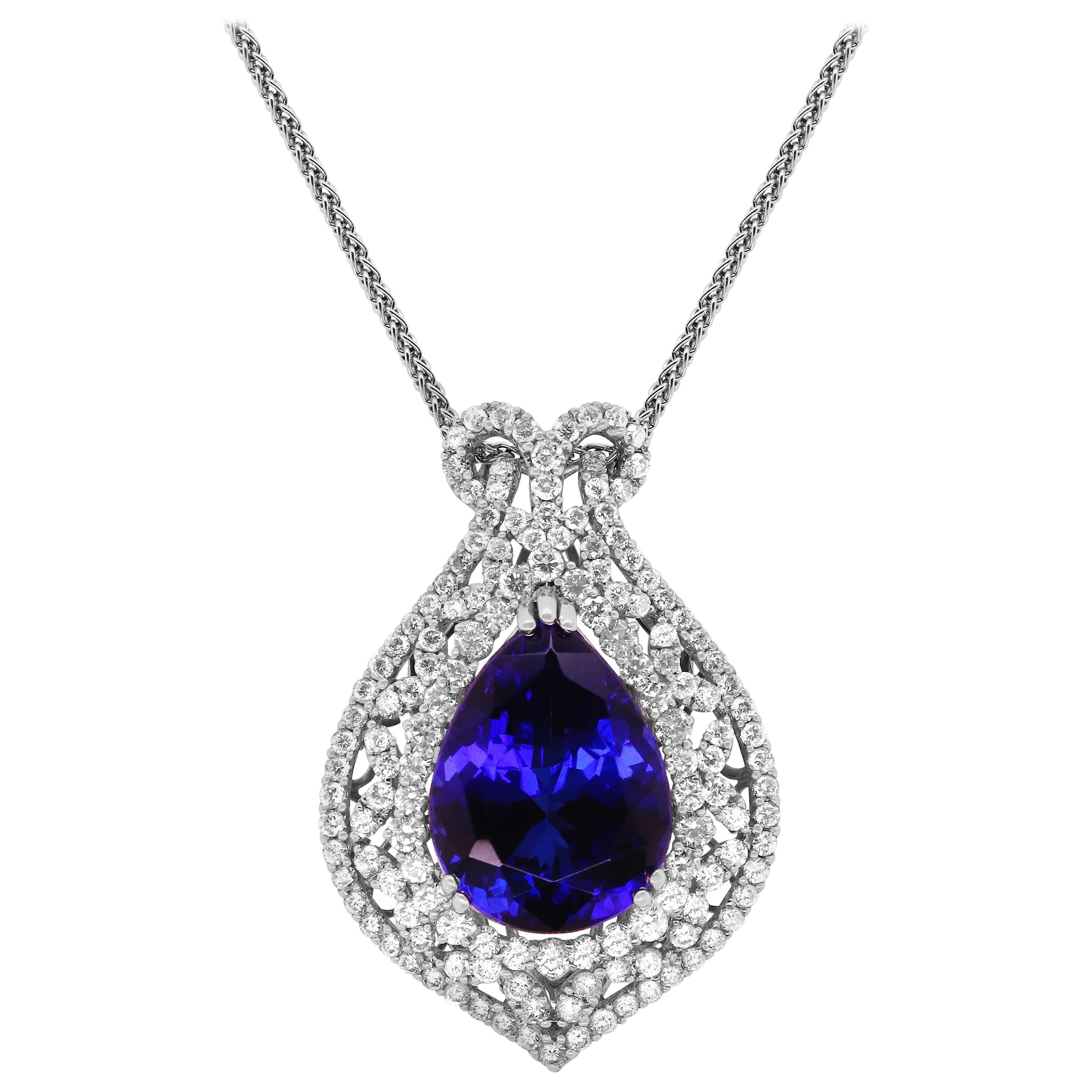 21.46 Carat Pear Shape Tanzanite Diamond Halo Pendant Necklace Fancy 18K Gold For Sale