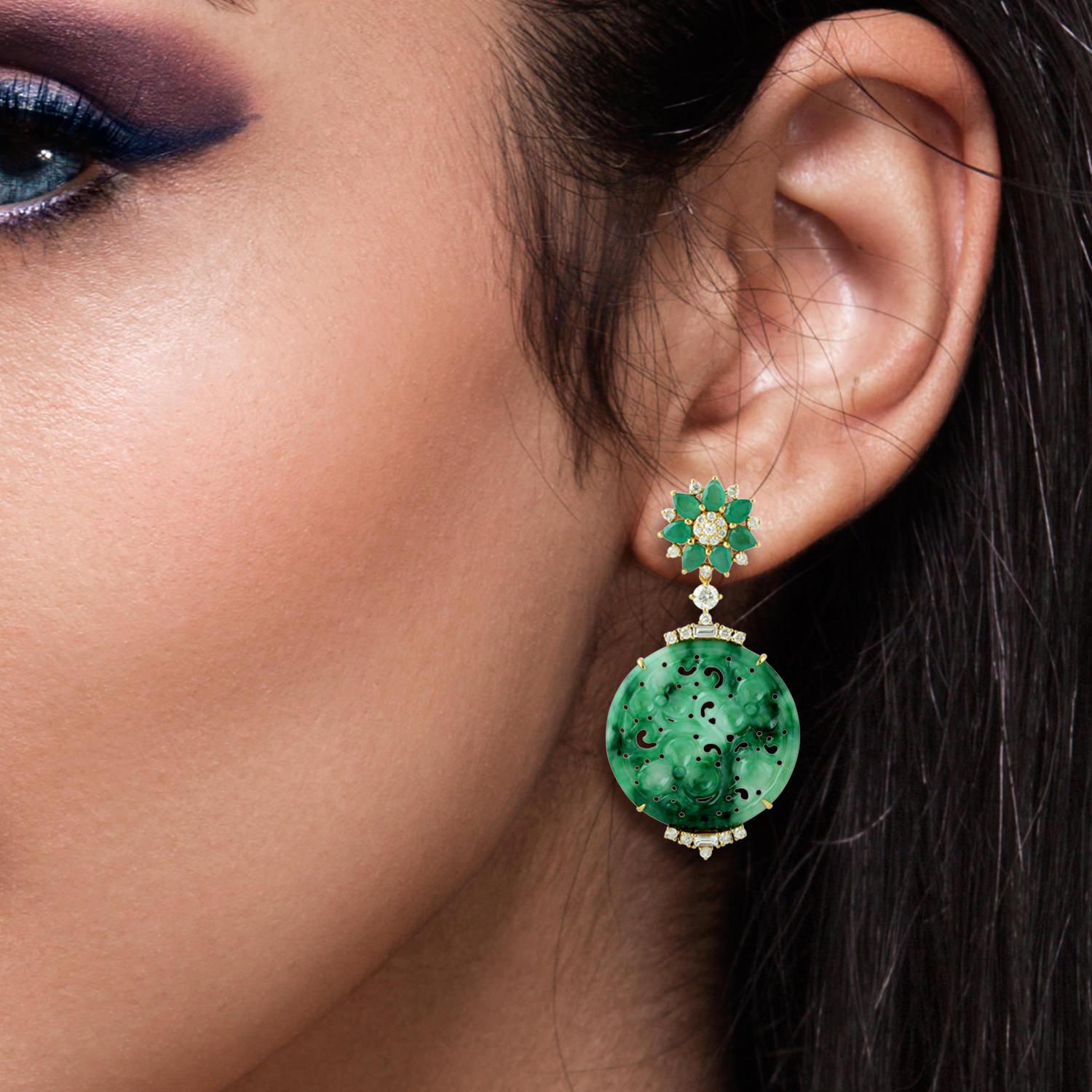 These stunning hand carved Jade earrings are crafted in 18-karat gold. It is set in 21.48 carats Jade, 1.94 carats emerald and 1.15 carats of sparkling diamonds.

FOLLOW  MEGHNA JEWELS storefront to view the latest collection & exclusive pieces. 