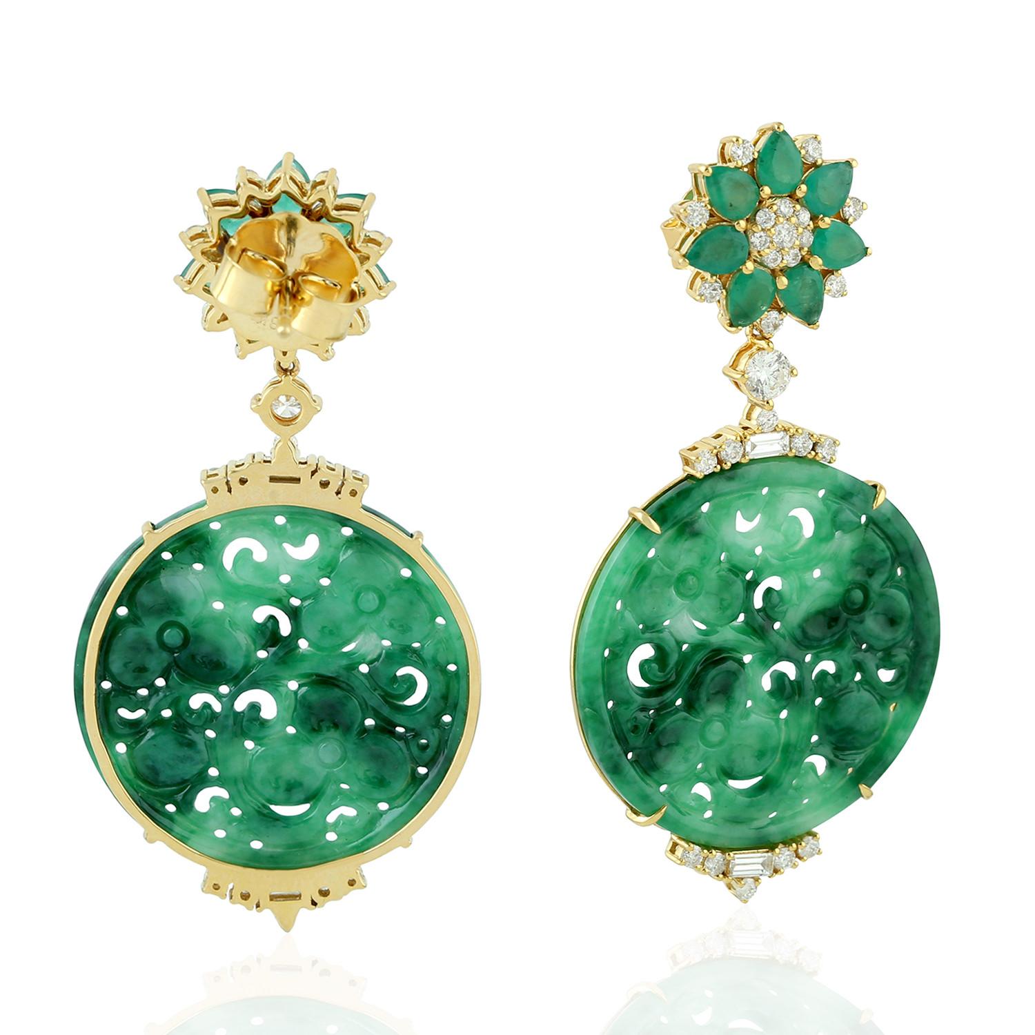 Artisan 21.48 Carat Carved Jade Emerald 18 Karat Gold Diamond Earrings For Sale