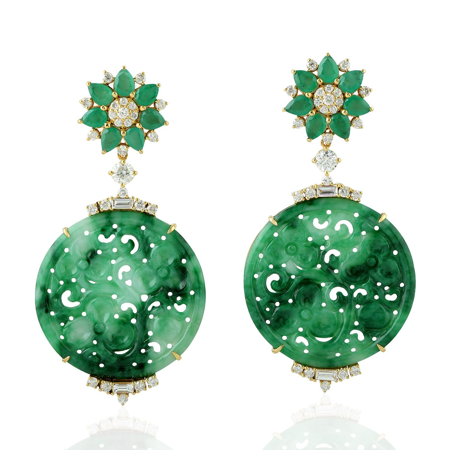 Mixed Cut 21.48 Carat Carved Jade Emerald 18 Karat Gold Diamond Earrings For Sale