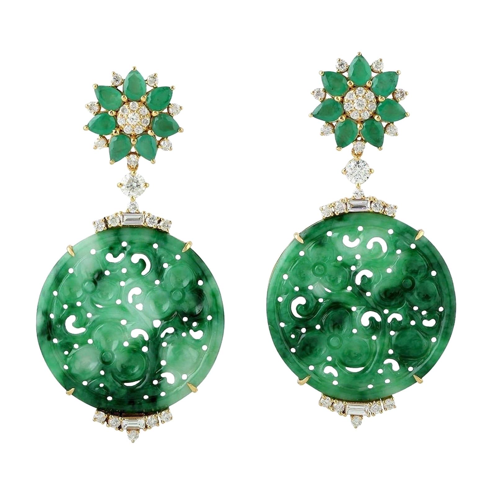 21.48 Carat Carved Jade Emerald 18 Karat Gold Diamond Earrings For Sale