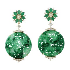 21.48 Carat Carved Jade Emerald 18 Karat Gold Diamond Earrings