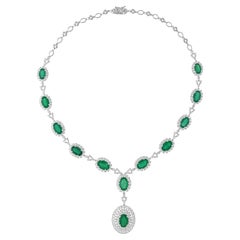 21.48 Carat Oval Emerald 7.14 Carat SI/H Diamond Pendant Necklace 18k White Gold