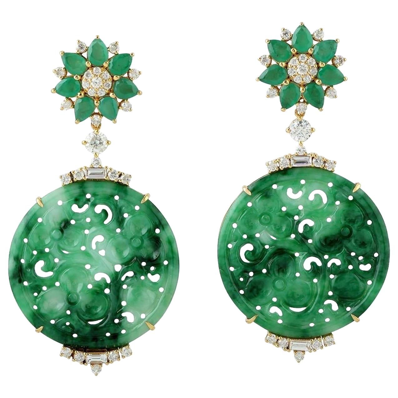 21.48 Carat Carved Jade Emerald 18 Karat Gold Diamond Earrings