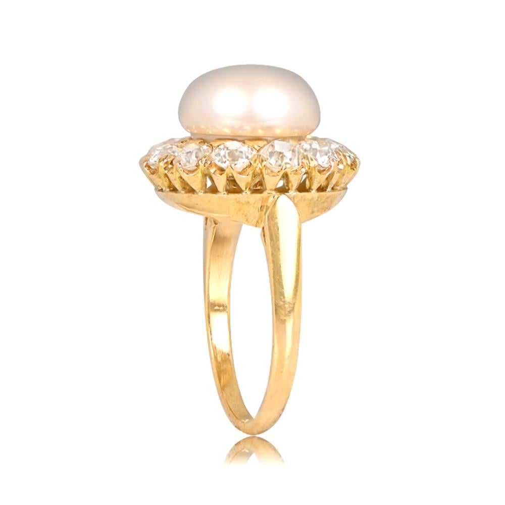 Art Deco 21.48 Chows Saltwater Pearl Engagement Ring, Diamond Halo, 18k Yellow Gold For Sale
