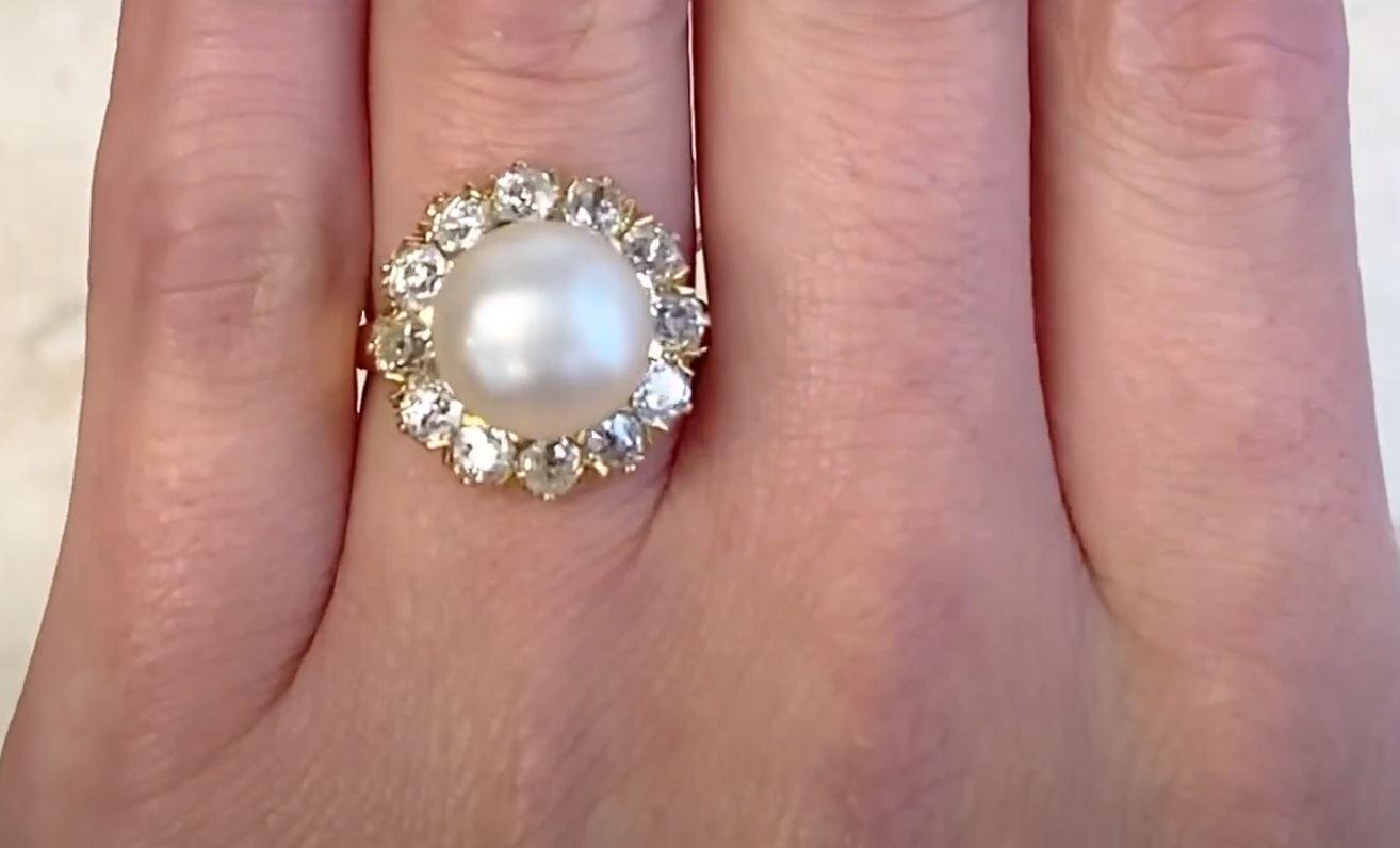 Old European Cut 21.48 Chows Saltwater Pearl Engagement Ring, Diamond Halo, 18k Yellow Gold For Sale