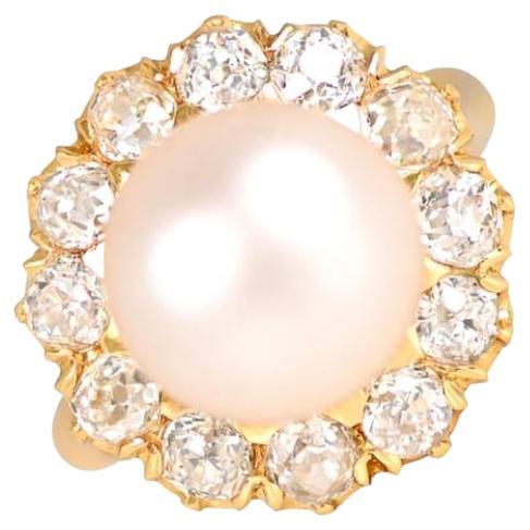 21.48 Chows Saltwater Pearl Engagement Ring, Diamond Halo, 18k Yellow Gold For Sale