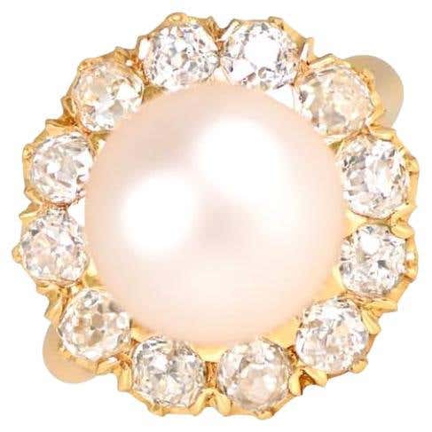 Antique 1.07 Carat Diamond and Natural Saltwater Pearl Yellow Gold ...