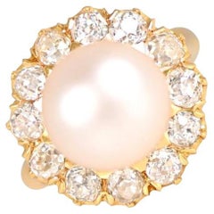 21.48 Chows Saltwater Pearl Engagement Ring, Diamond Halo, 18k Yellow Gold