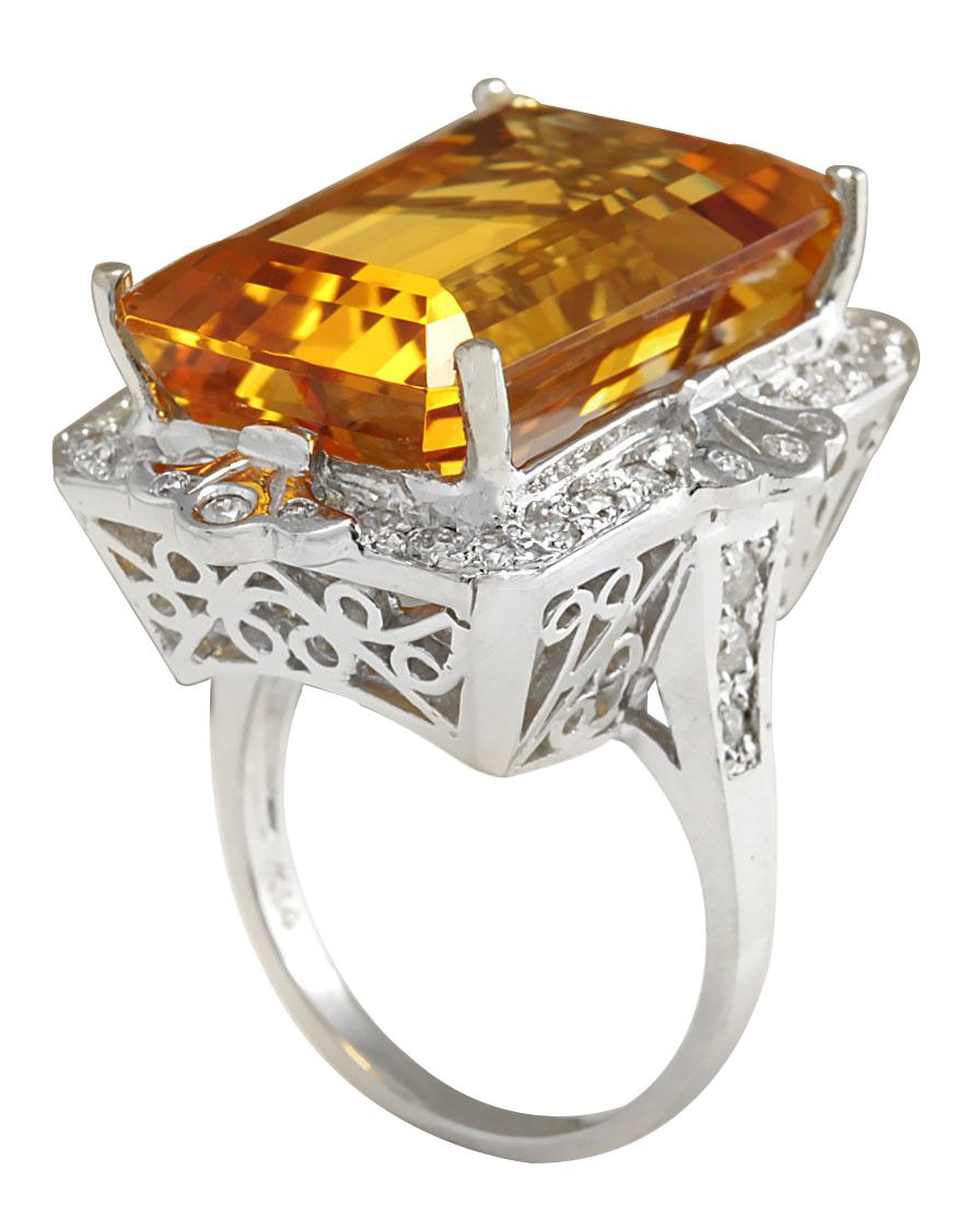 Emerald Cut Citrine Diamond Ring In 14 Karat White Gold For Sale