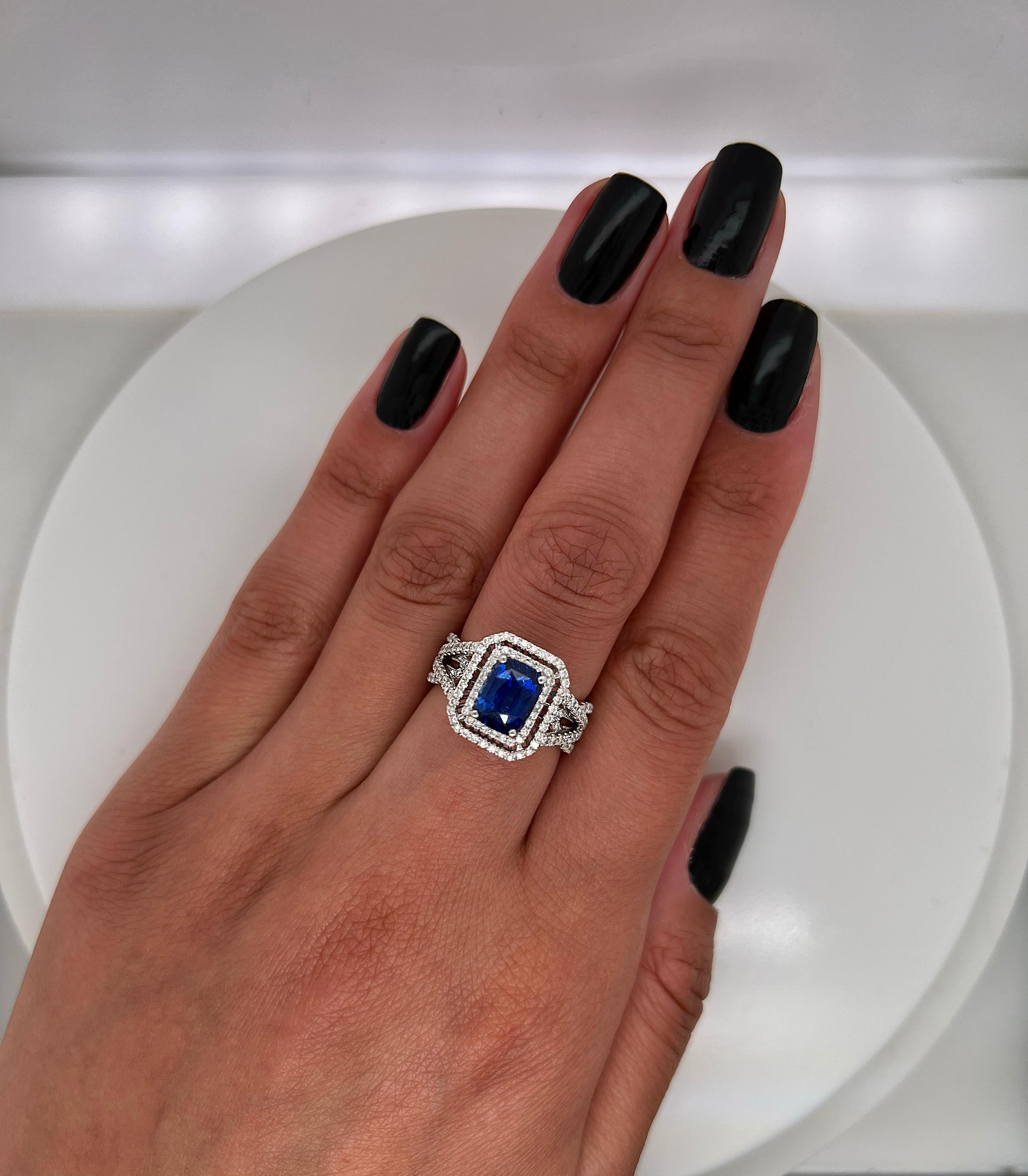 Cushion Cut 3.11 Total Carat Sapphire Diamond Engagement Ring For Sale