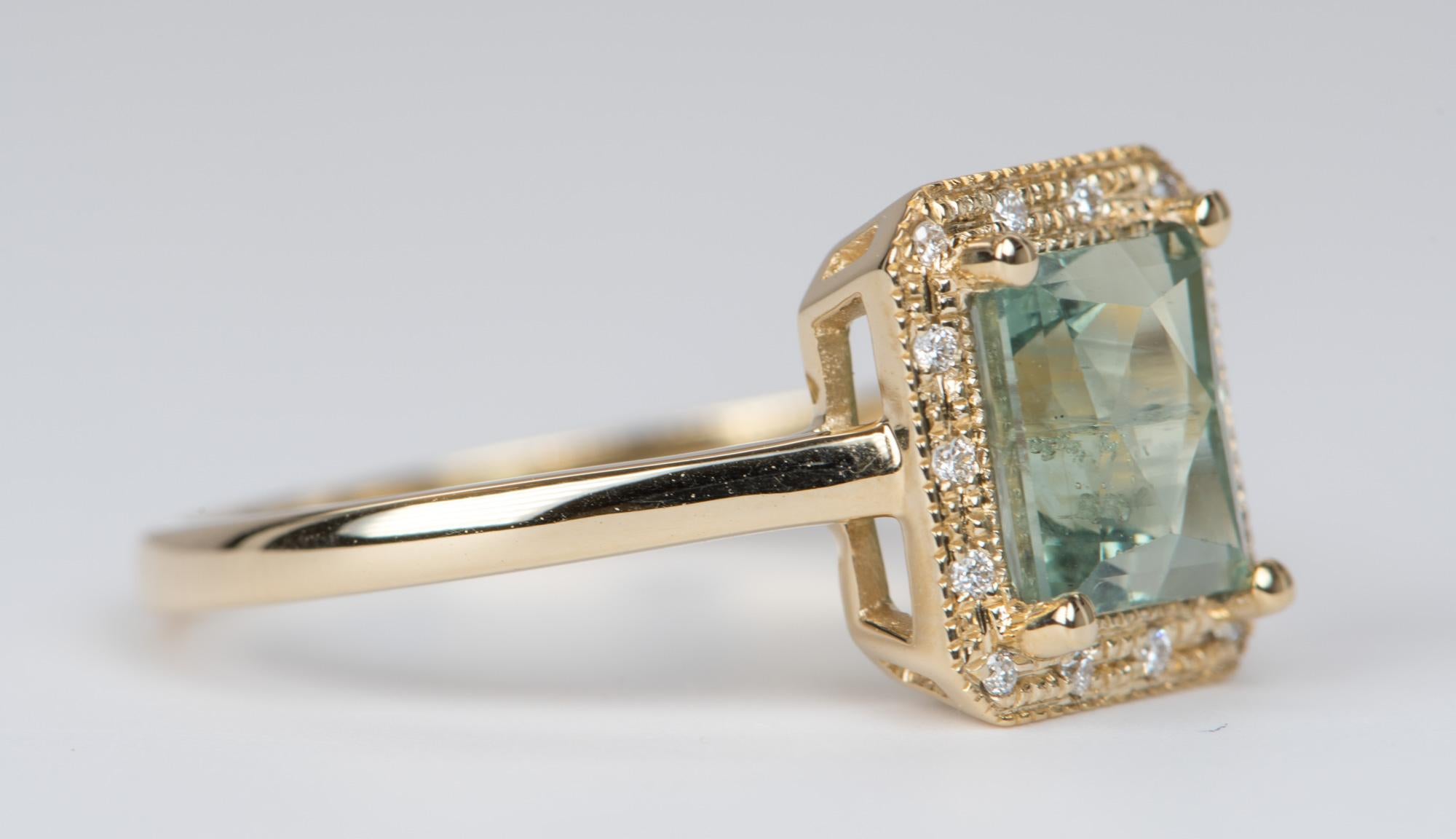 Radiant Cut 2.14ct Blueish Green Montana Sapphire Diamond Halo 14K Gold Engagement Ring