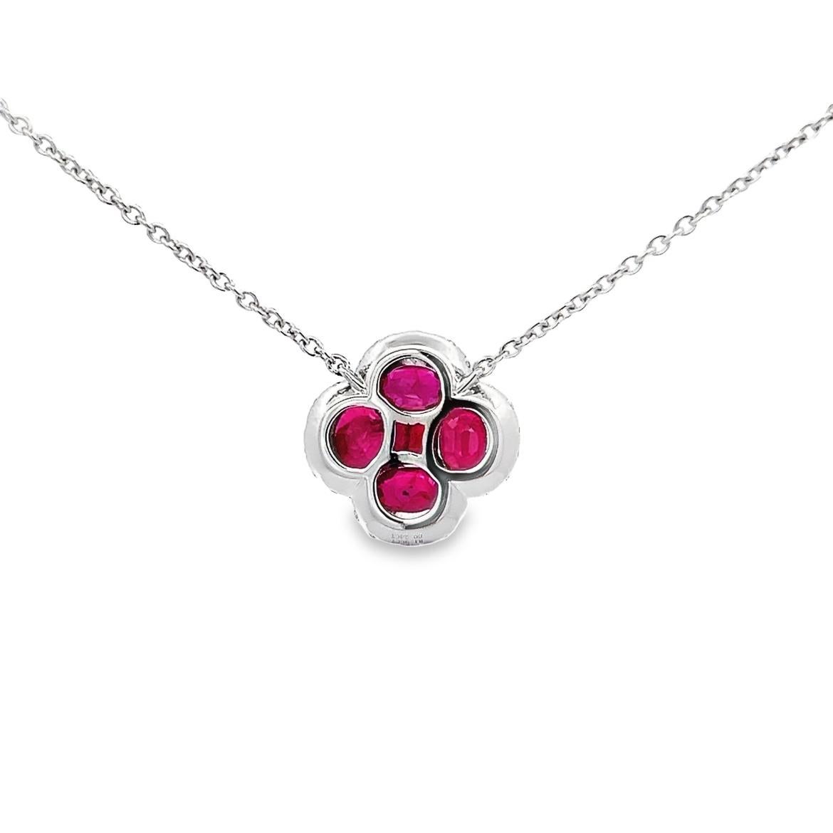 Oval Cut 2.14CT Rubies Flower Necklace Diamonds, set in 18K White Gold For Sale