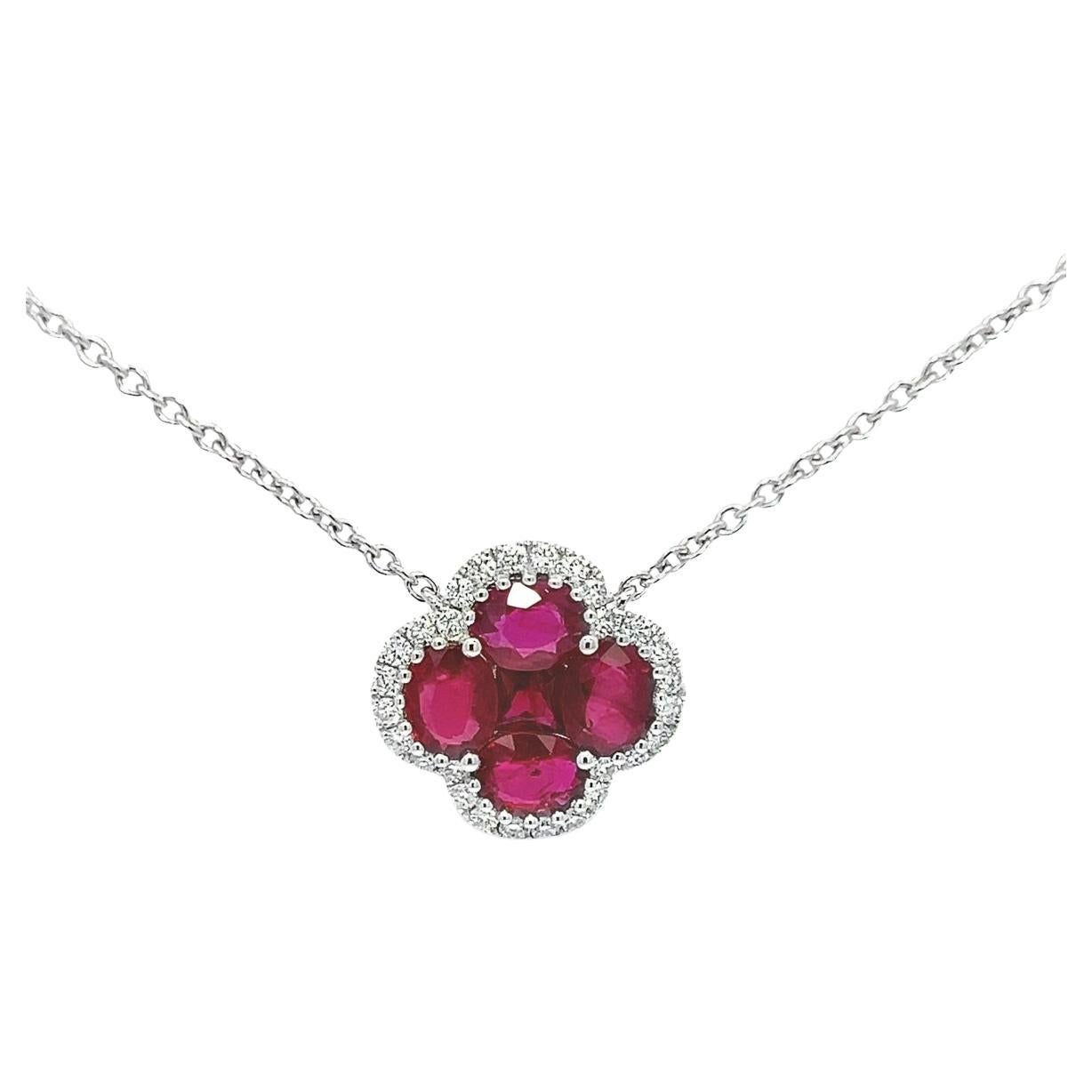 2.14CT Rubies Flower Necklace Diamonds, set in 18K White Gold For Sale