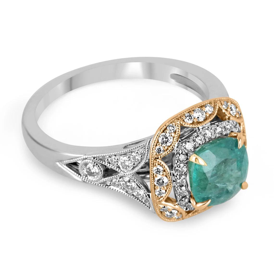 Setting Style: Prong/Pave
Setting Material: 14K White & Rose Gold
Setting Weight: 4.6 Grams

Main Stone: Emerald
Shape: Cushion Cut
Weight: 1.46-Carats
Clarity: Semi-Transparent
Color: Ocean Green
Luster: Excellent-Very Good
Treatments: Natural,