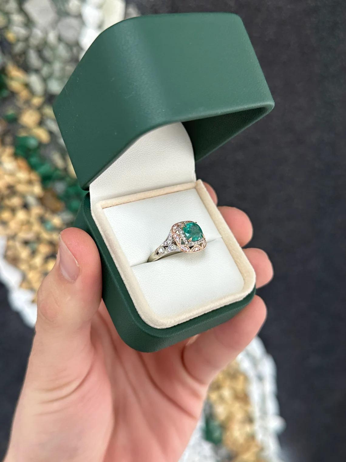 2.14tcw 14K Ocean Green Cushion Emerald & Diamond Accent Two-Tone Engagement Rin In New Condition For Sale In Jupiter, FL