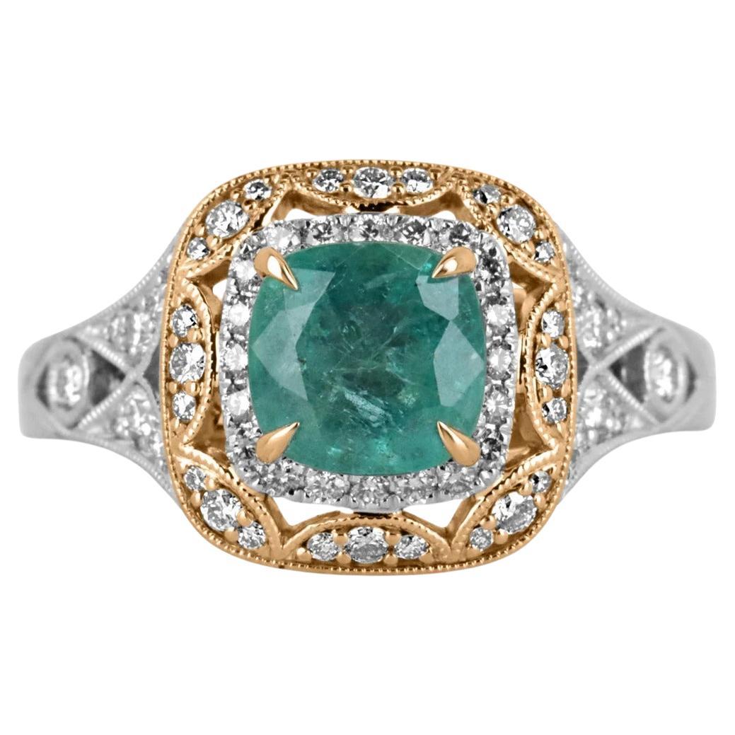 2.14tcw 14K Ocean Green Cushion Emerald & Diamond Accent Two-Tone Engagement Rin For Sale