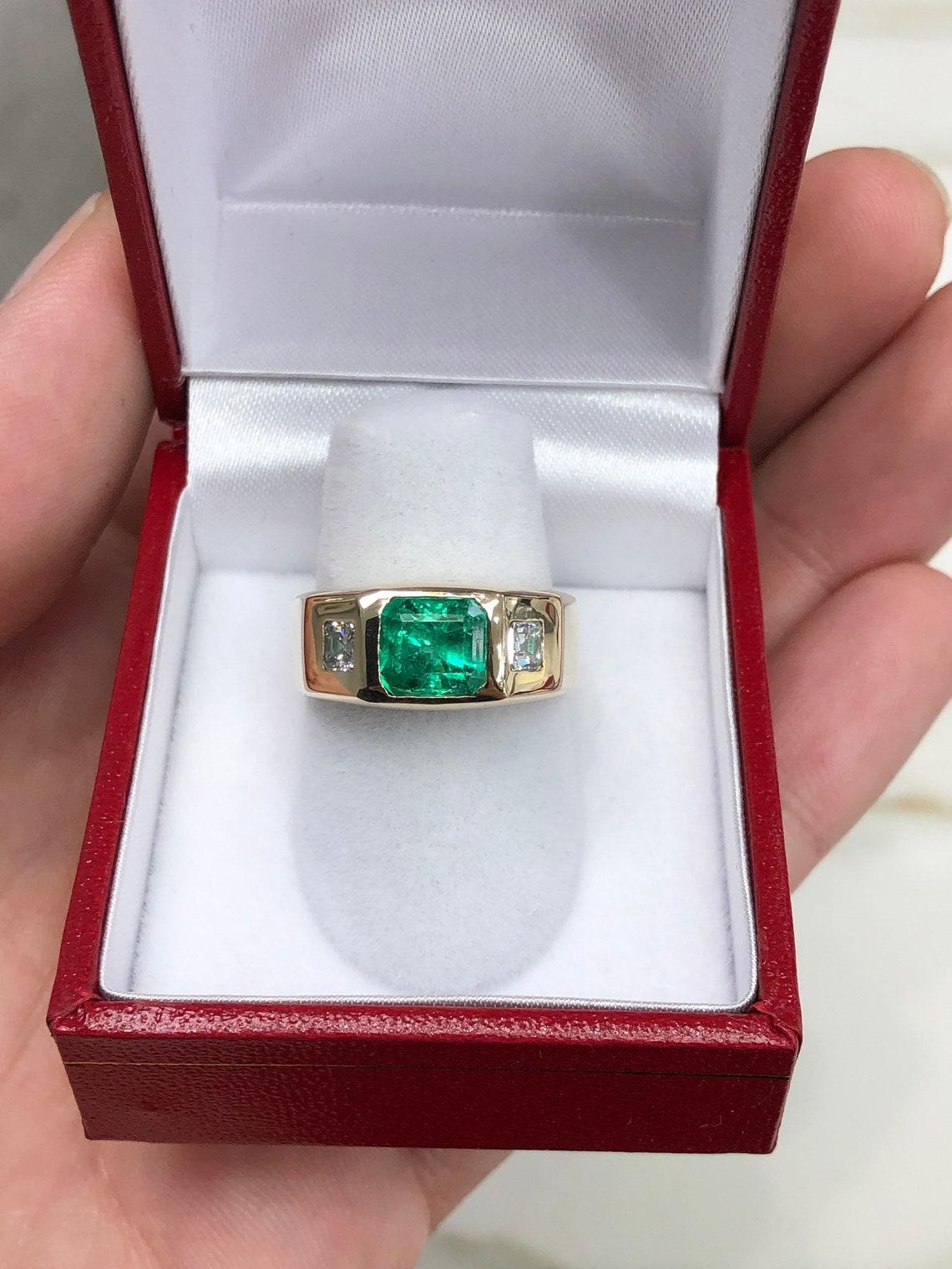 Emerald Cut Trendy 2.14tcw 14K Colombian Emerald & Asscher Diamond Gold Signet 3 Stone Ring