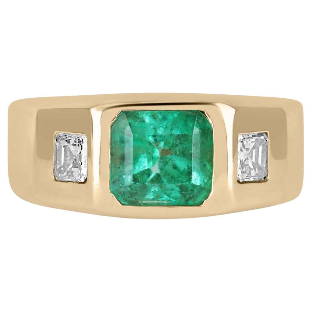 Trendy 2.14tcw 14K Colombian Emerald & Asscher Diamond Gold Signet 3 Stone Ring