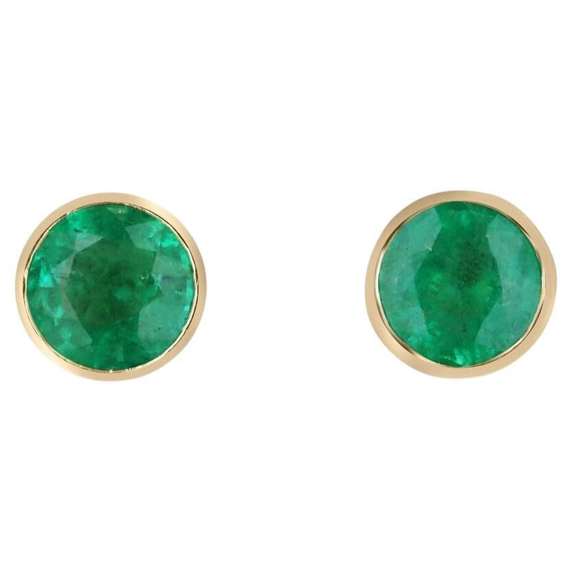 2.14tcw 18K Round Colombian Emerald Studs Bezel Set Vivid Green Emerald Earring
