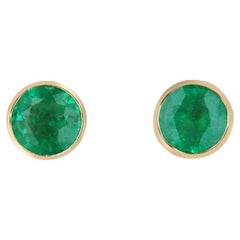 2.14tcw 18K Round Colombian Emerald Studs Bezel Set Vivid Green Emerald Earring