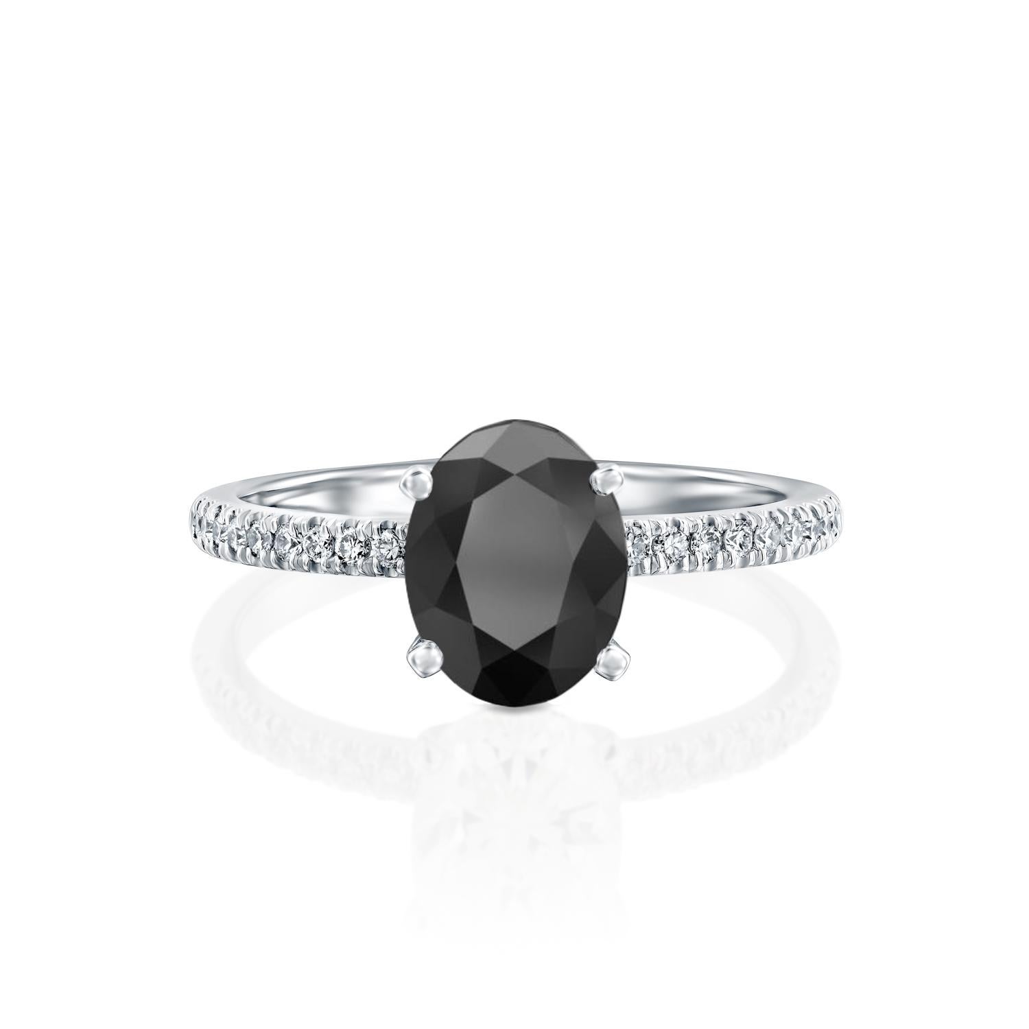 Beautiful solitaire with accents vintage style diamond engagement ring. Center stone is natural, oval shaped, AAA quality black diamond of 2 carat and it is surrounded by smaller natural diamonds approx. 0.15 total carat weight. The total carat