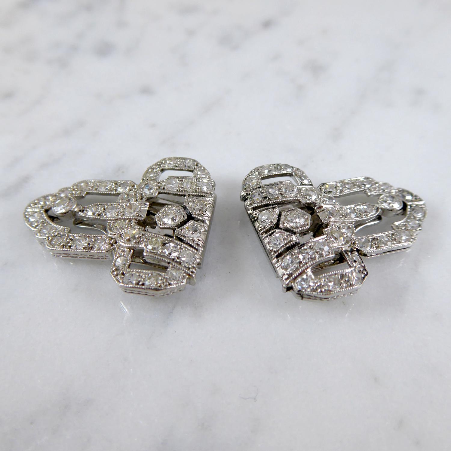 2.15 Carat Art Deco Diamond Double Clip Brooch Set in Platinum 6