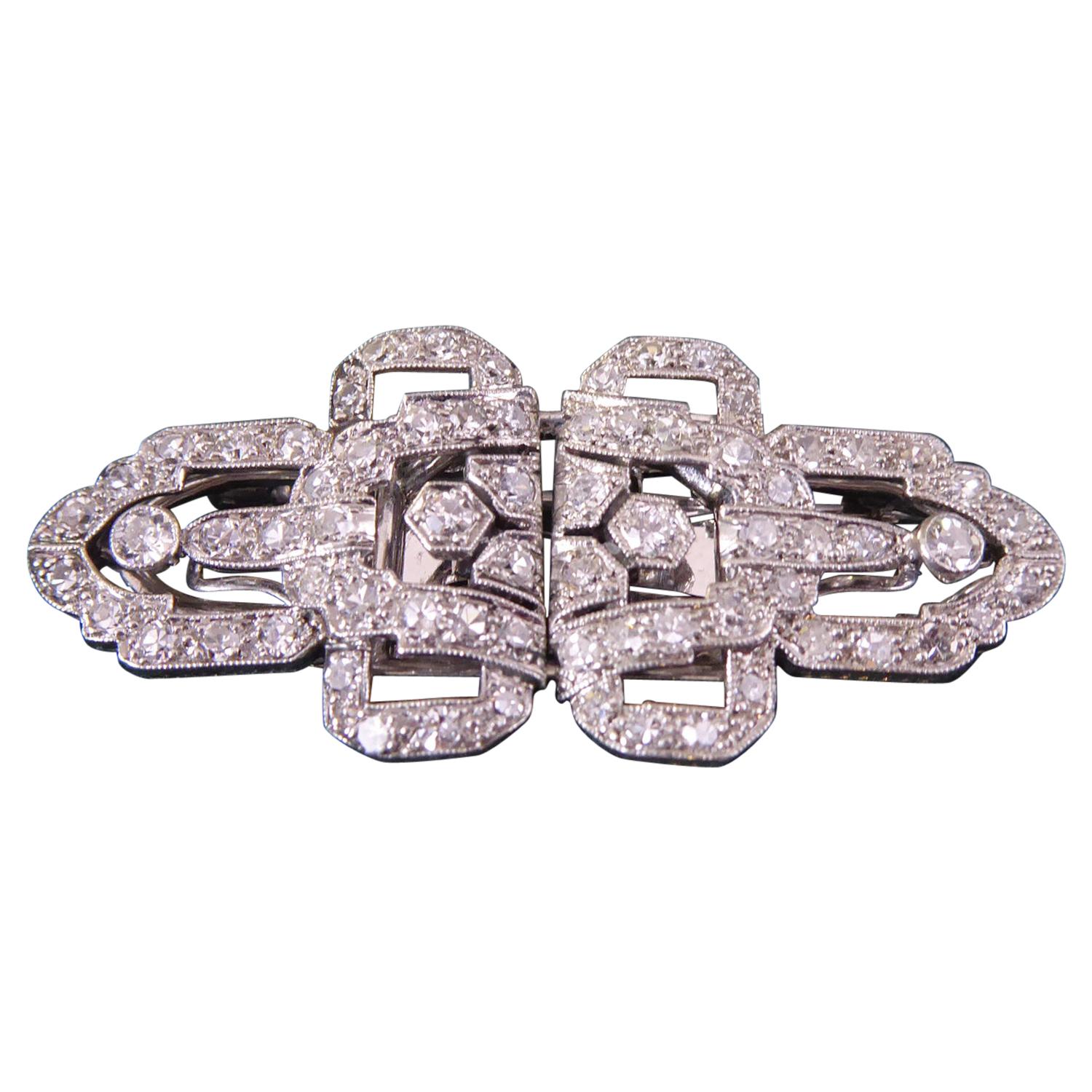 2.15 Carat Art Deco Diamond Double Clip Brooch Set in Platinum