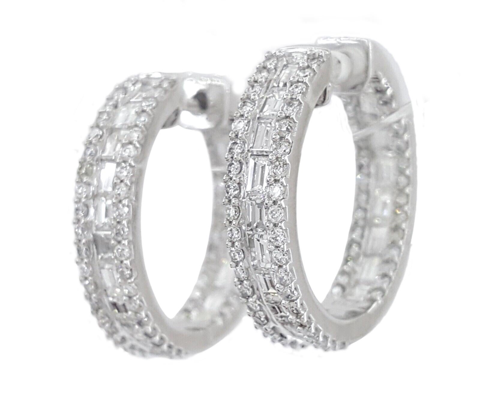 18K White Gold 2.14 ct Baguette & Round Brilliant Cut Diamond Inside Out Round Huggie Hoop Earrings. 




