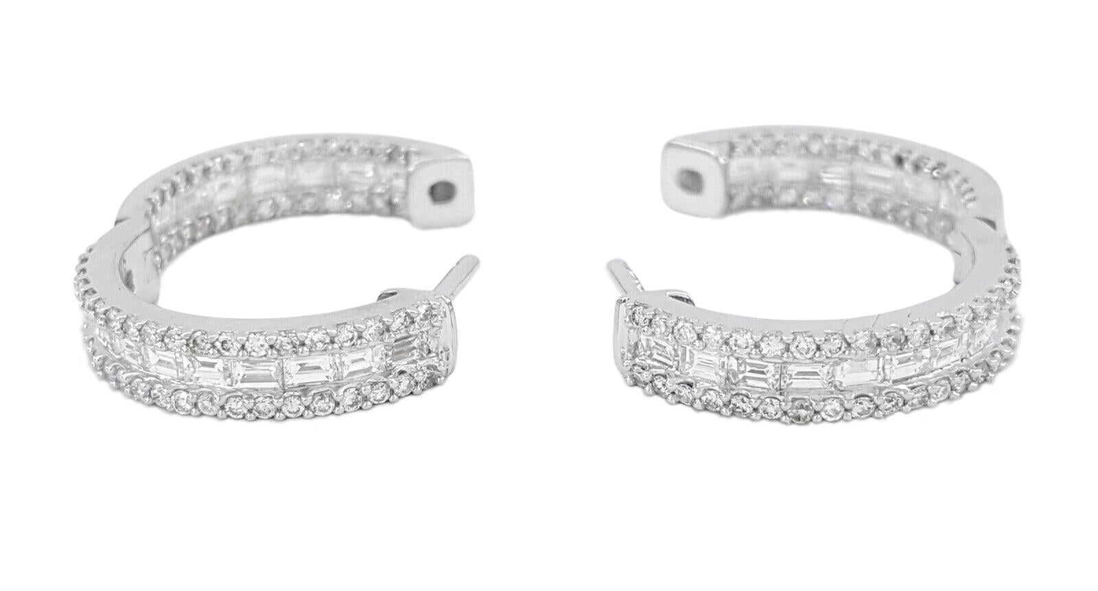 Modern 2.15 Carat Baguette and Round Diamond Huggie Earrings For Sale