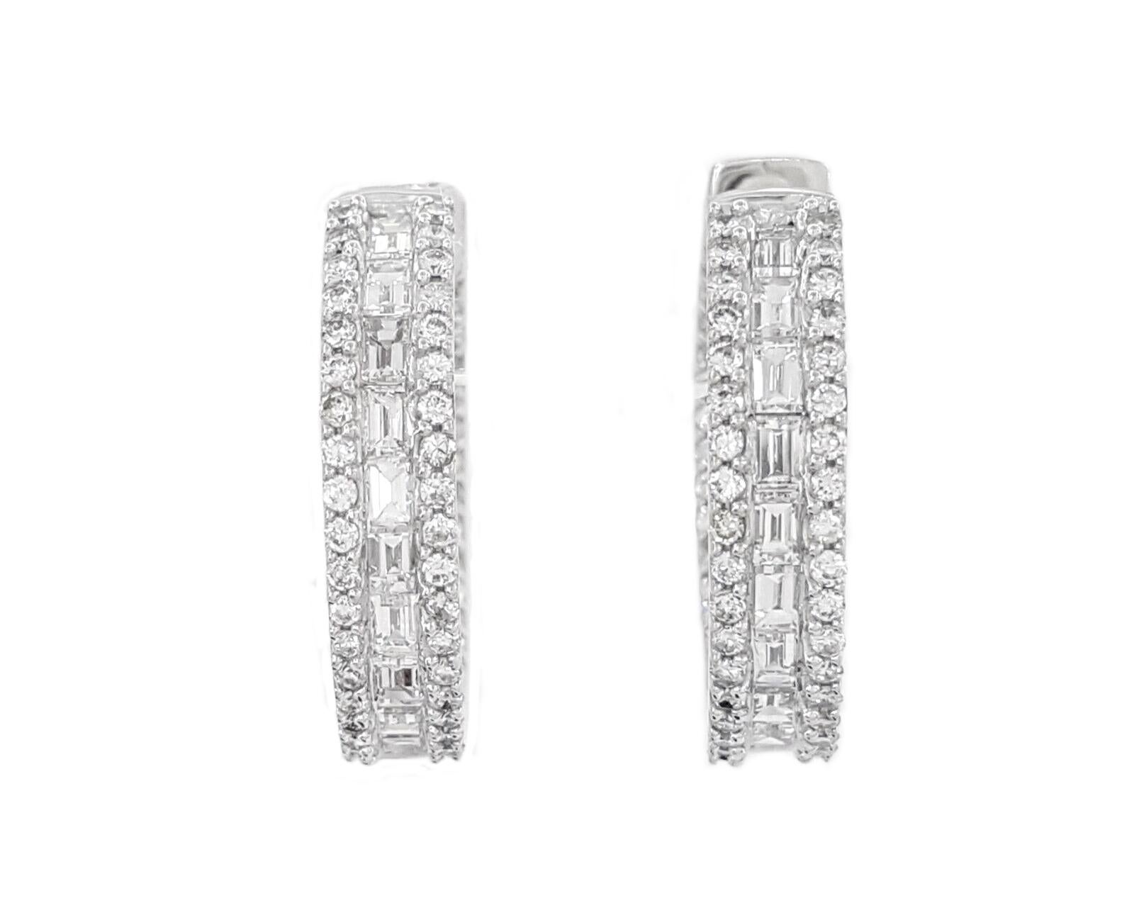 Round Cut 2.15 Carat Baguette and Round Diamond Huggie Earrings For Sale