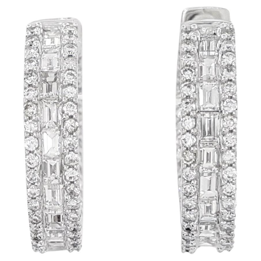 2.15 Carat Baguette and Round Diamond Huggie Earrings For Sale