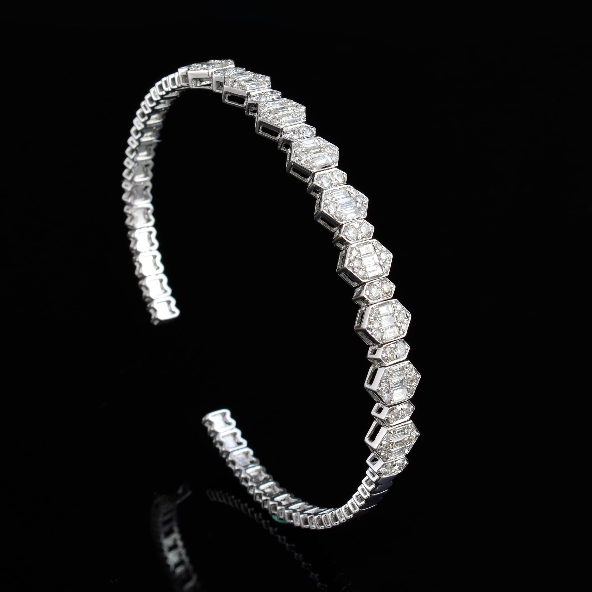 Women's 2.15 Carat Baguette Diamond Cuff Bangle Bracelet 14 Karat White Gold Jewelry For Sale