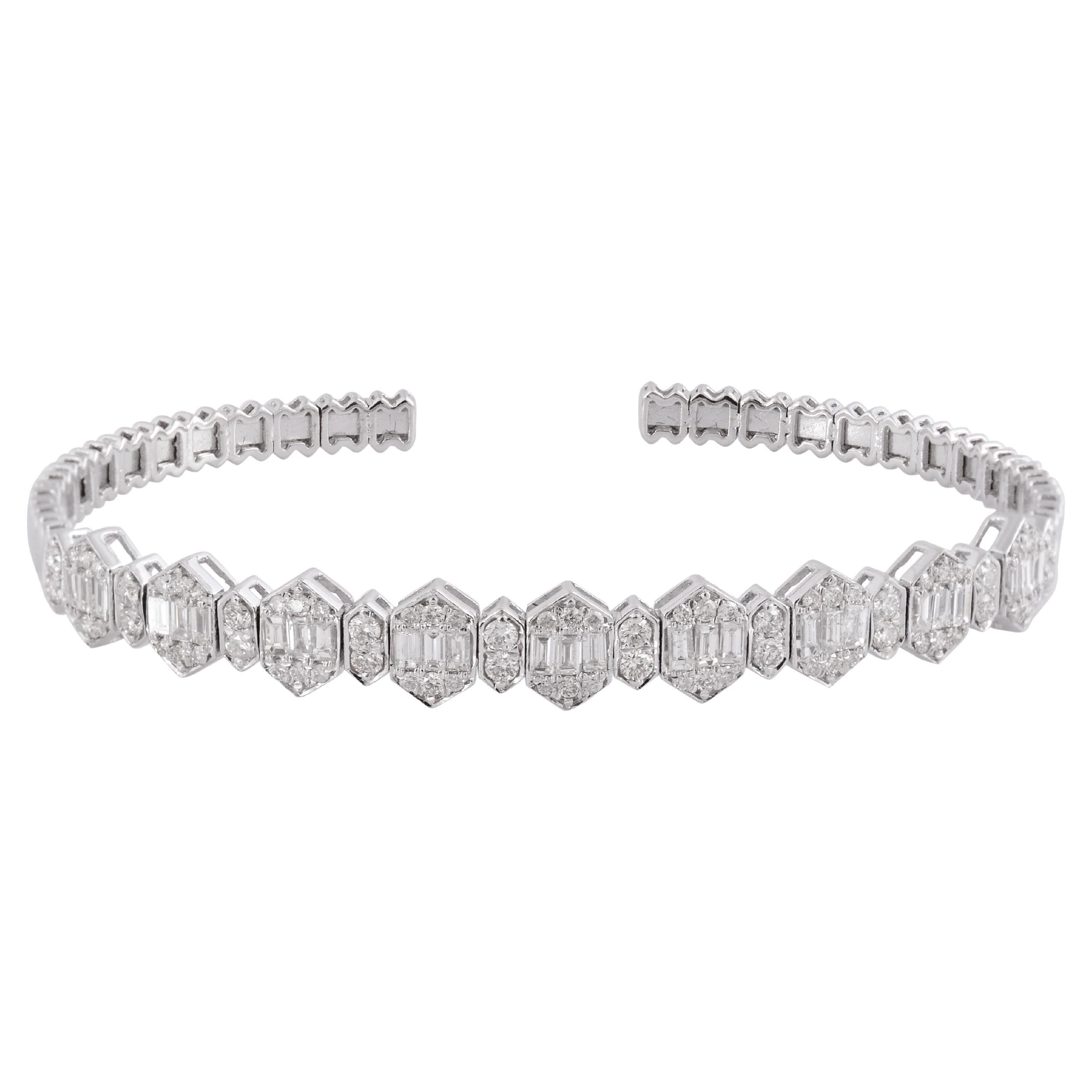 2.15 Carat Baguette Diamond Cuff Bangle Bracelet 14 Karat White Gold Jewelry For Sale
