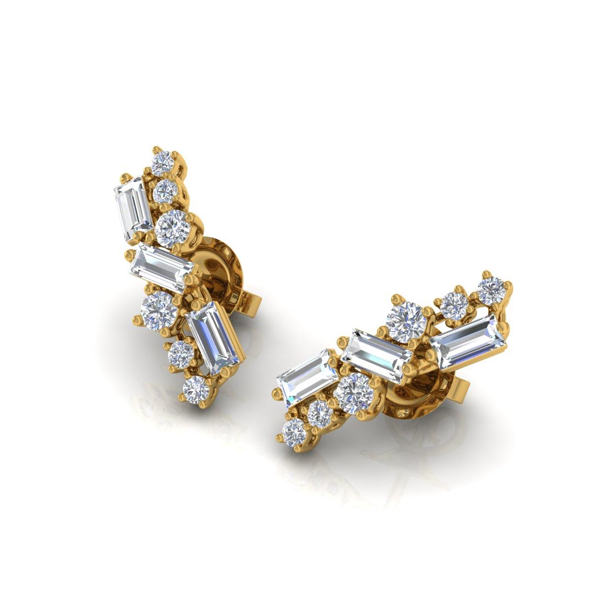 These elegant earrings feature a striking combination of baguette and round brilliant cut diamonds, totaling 2.15 carats. The diamonds are set in luxurious 18 karat yellow gold, with a total weight of 4.33 grams, including 3.90 grams of gold. The