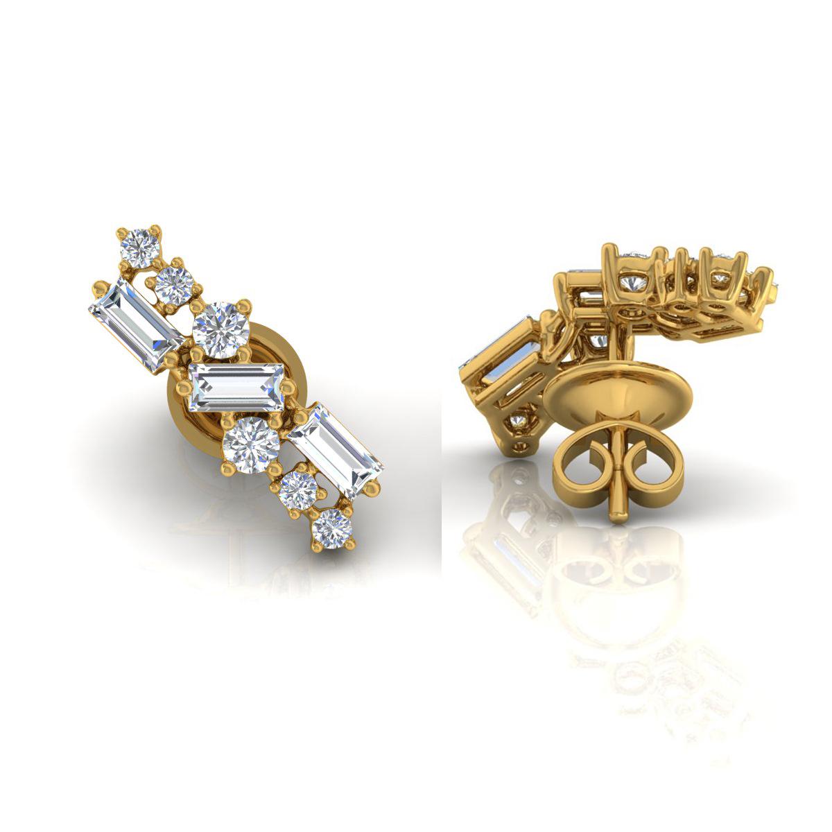 2.15 Carat Baguette Round Brilliant Cut Diamond Earrings 18 Karat Yellow Gold In New Condition For Sale In Diera, Dubai