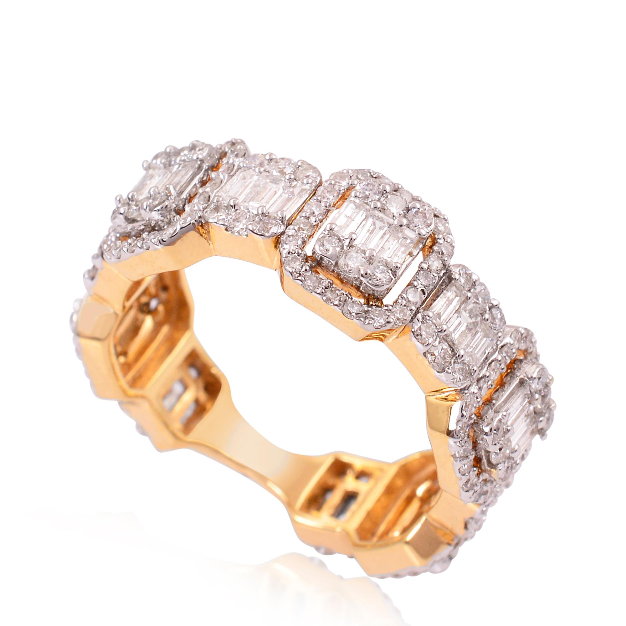 Modern 2.15 Carat Baguette Round Diamond Band Ring 18 Karat Rose Gold Handmade Jewelry For Sale