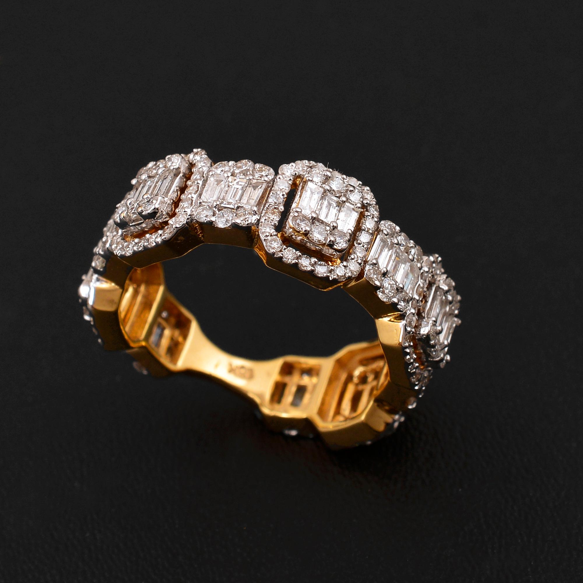 Baguette Cut 2.15 Carat Baguette Round Diamond Band Ring 18 Karat Rose Gold Handmade Jewelry For Sale