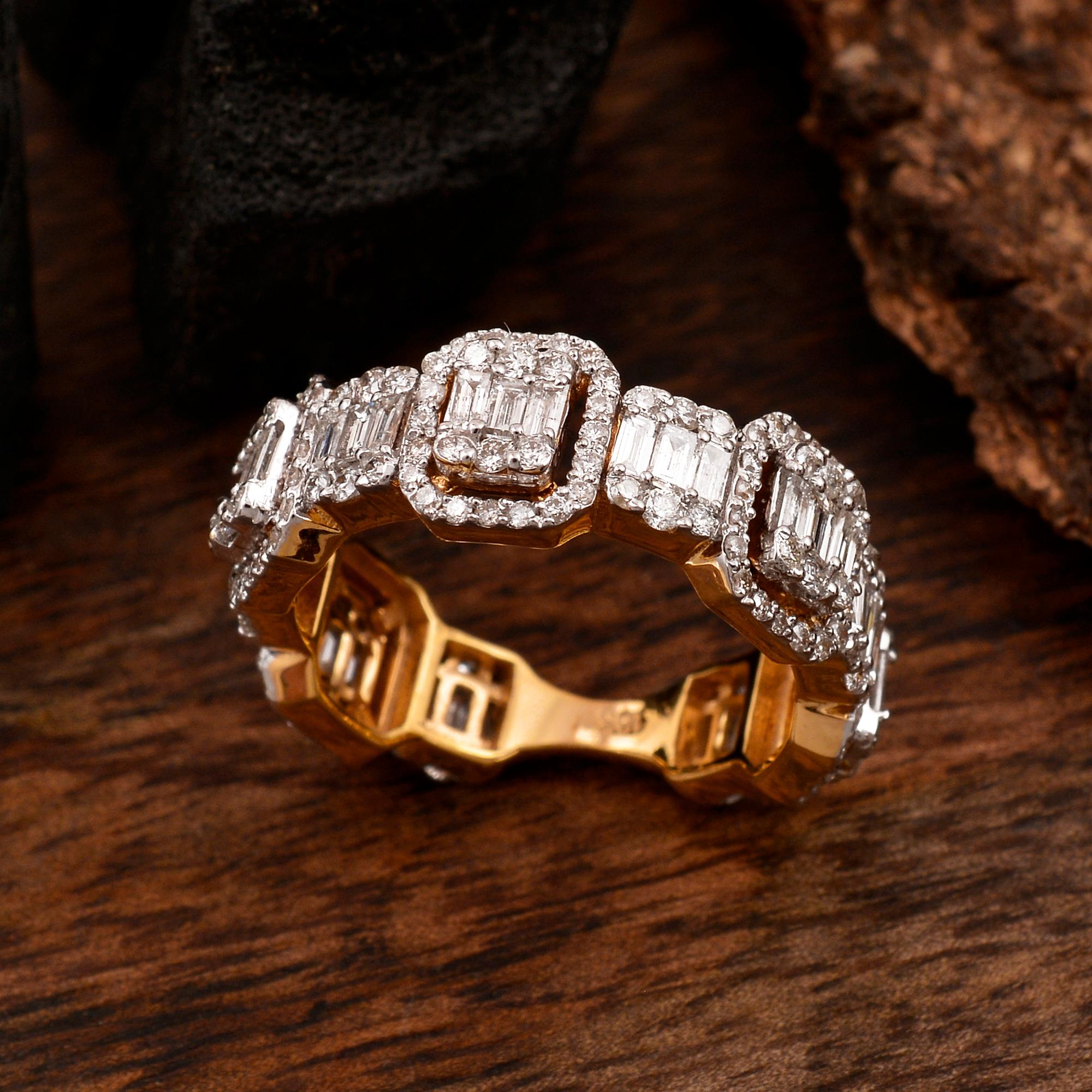 2.15 Carat Baguette Round Diamond Band Ring 18 Karat Rose Gold Handmade Jewelry For Sale 1