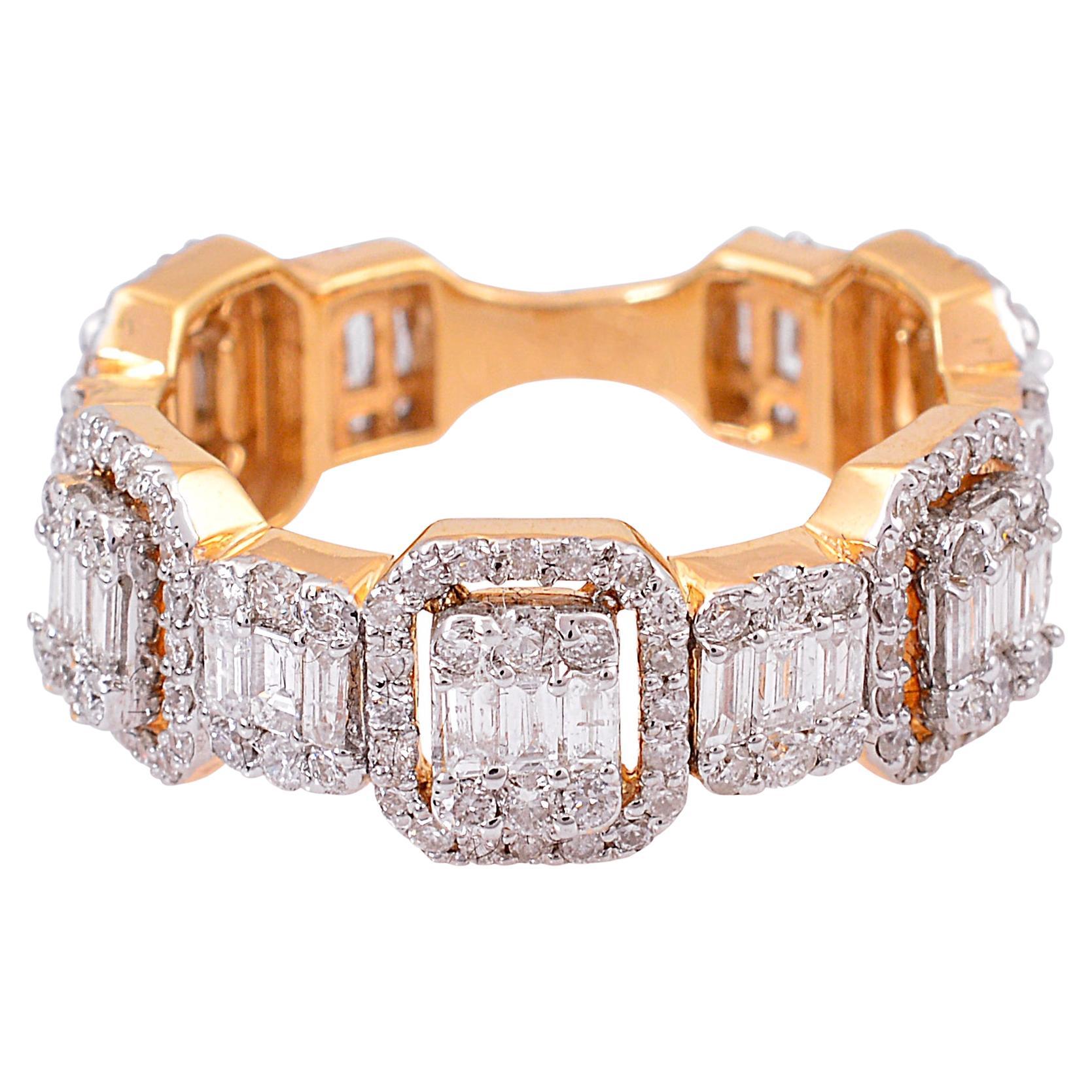 2.15 Carat Baguette Round Diamond Band Ring 18 Karat Rose Gold Handmade Jewelry For Sale