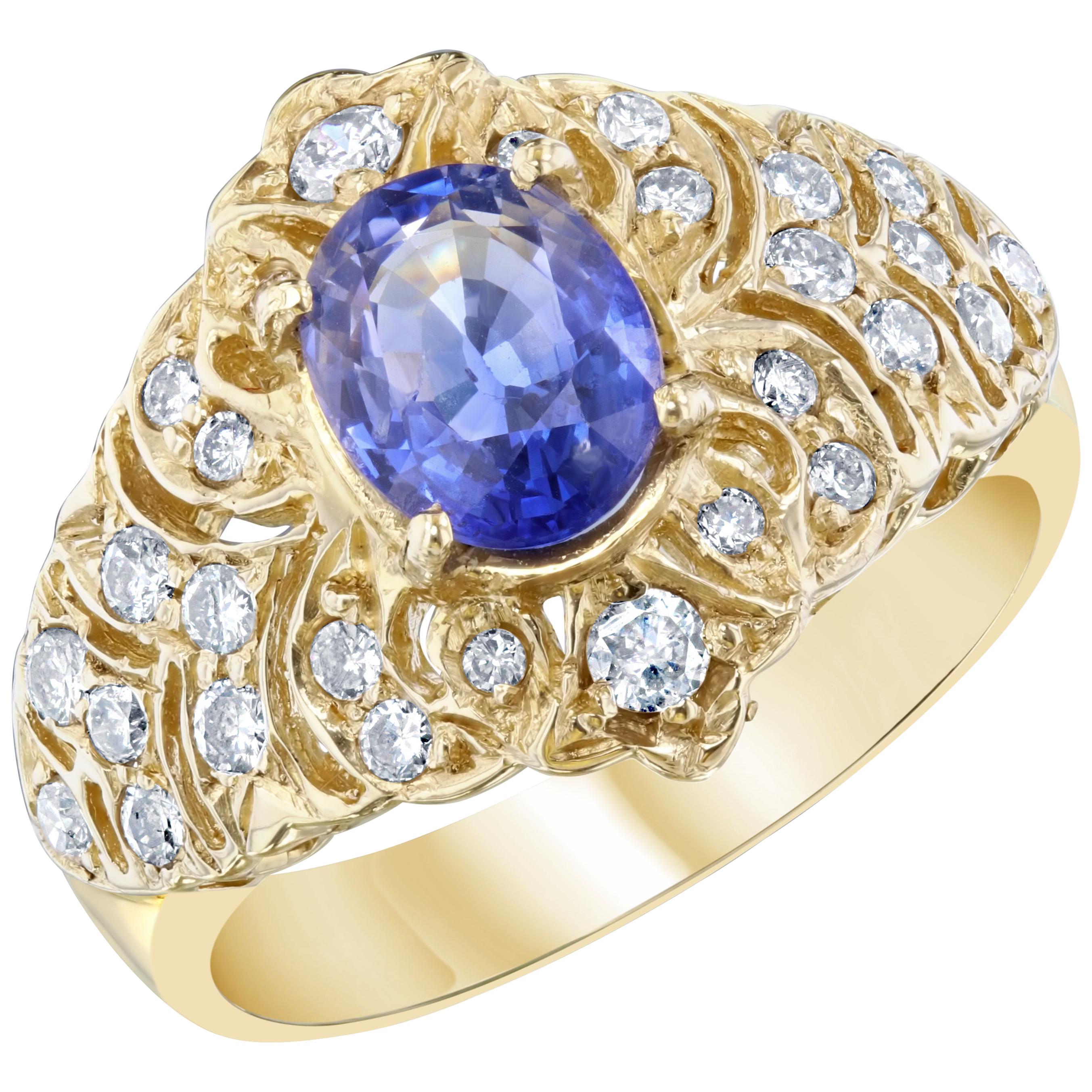 2.15 Carat Sapphire Diamond 14 Karat Yellow Gold Cluster Ring For Sale