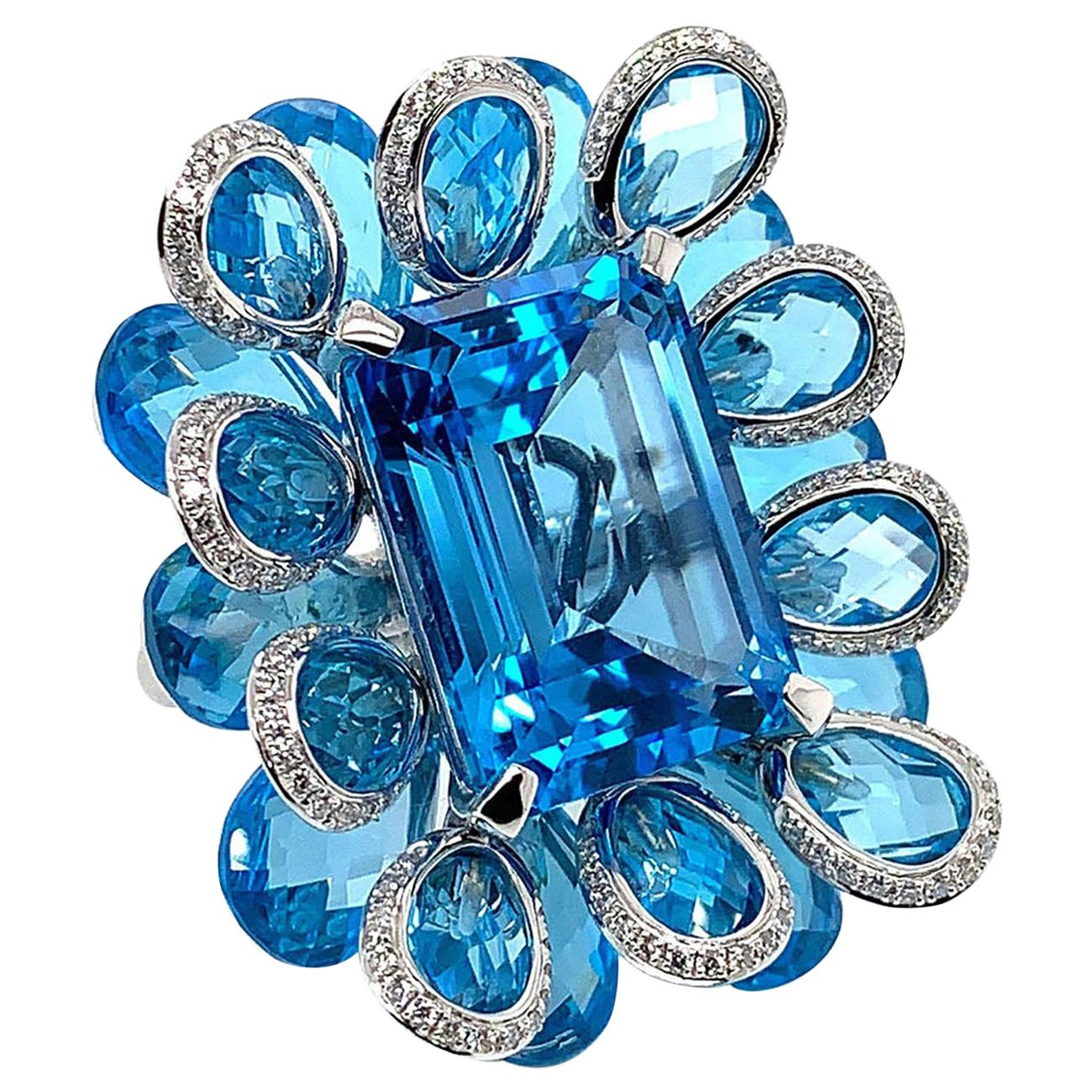 21.5 Carat Blue Topaz and Diamond Floral Ring in 18 Karat White Gold For Sale