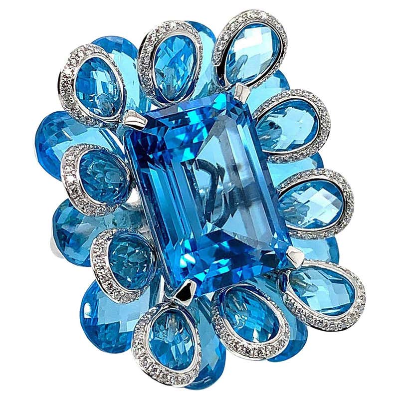Blue Topaz Candy Ring with Gemstone and Diamond in 18 Karat White Gold ...