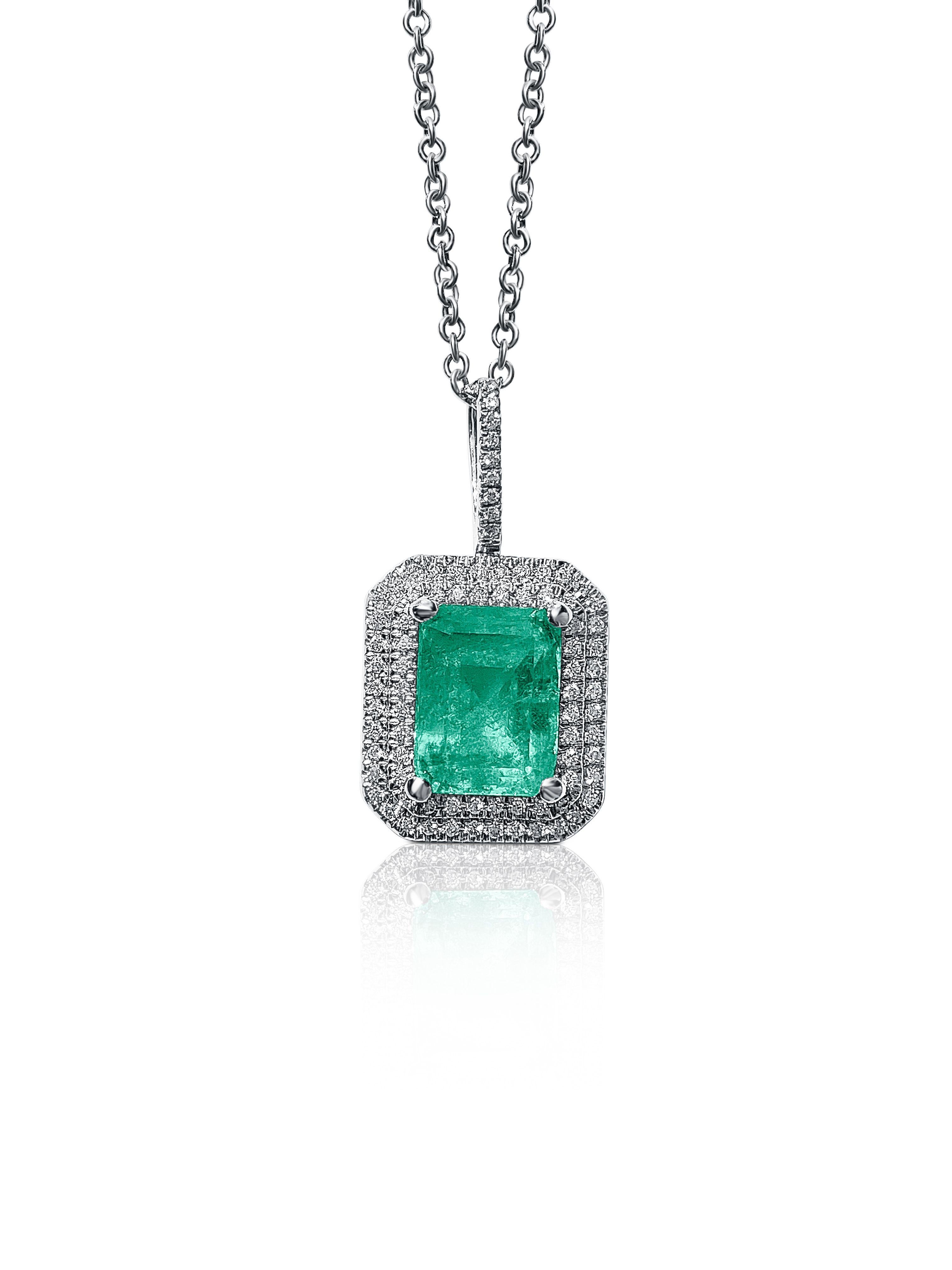 Modern 2.15 Carat Colombian Emerald and Diamond 18 Karat Gold Pendant