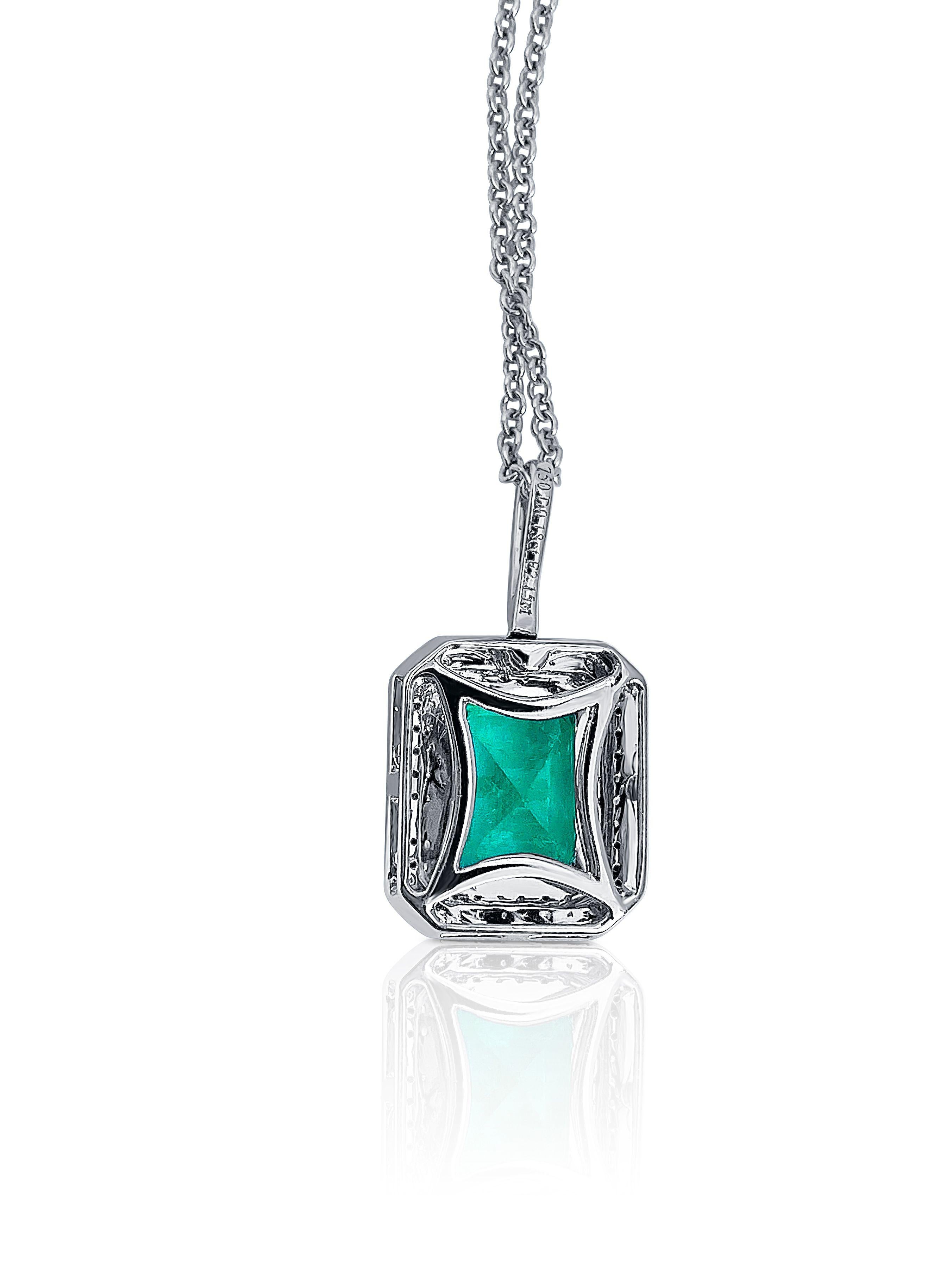 Emerald Cut 2.15 Carat Colombian Emerald and Diamond 18 Karat Gold Pendant